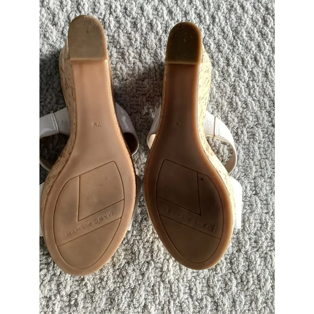 Marc Fisher Women's wedges sandals white straps gold tones cork platform heel 7